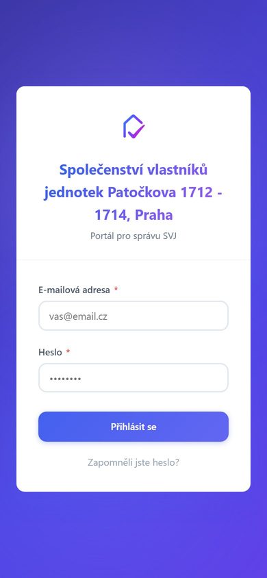 Přihlašovací obrazovka aplikace pro správu SVJ na mobilu